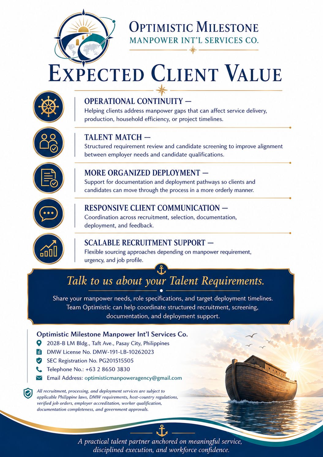 Optimistic Milestone corporate flyer with ark and sunrise